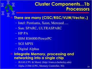 Cluster Components...1b Processors There are many (CISC/RISC/VLIW/Vector..) Intel: Pentiums, Xeon, Merceed…. Sun: SPARC, ULTRASPARC HP PA IBM RS6000/PowerPC SGI MPIS Digital Alphas Integrate Memory, processing and networking into a single chip IRAM (CPU & Mem): (http://iram.cs.berkeley.edu) Alpha 21366 (CPU, Memory Controller, NI) 
