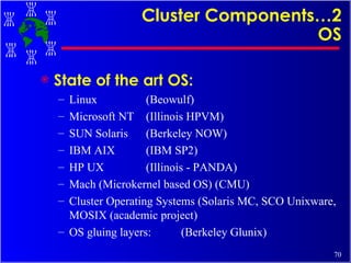 Cluster Components…2 OS State of the art OS: Linux (Beowulf) Microsoft NT (Illinois HPVM) SUN Solaris (Berkeley NOW) IBM AIX (IBM SP2) HP UX (Illinois - PANDA) Mach (Microkernel based OS) (CMU) Cluster Operating Systems (Solaris MC, SCO Unixware, MOSIX (academic project) OS gluing layers: (Berkeley Glunix) 