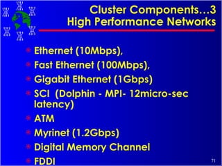 Cluster Components…3 High Performance Networks Ethernet (10Mbps),  Fast Ethernet (100Mbps),  Gigabit Ethernet (1Gbps) SCI  (Dolphin - MPI- 12micro-sec latency) ATM Myrinet (1.2Gbps) Digital Memory Channel FDDI 