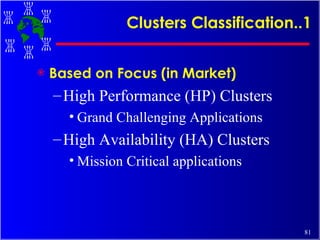 Clusters Classification..1 Based on Focus (in Market) High Performance (HP) Clusters Grand Challenging Applications High Availability (HA) Clusters Mission Critical applications 