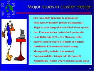 Size Scalability (physical & application) Enhanced Availability (failure management) Single System Image (look-and-feel of one system) Fast Communication (networks & protocols) Load Balancing (CPU, Net, Memory, Disk)  Security and Encryption (clusters of clusters) Distributed Environment (Social issues) Manageability (admin. And control) Programmability  (simple API if required) Applicability (cluster-aware and non-aware app.) Major issues in cluster design 