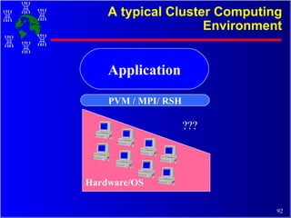 A typical Cluster Computing Environment PVM / MPI/ RSH Application Hardware/OS ??? 