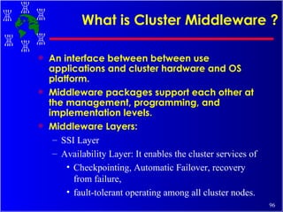 What is Cluster Middleware ? An interface between between use applications and cluster hardware and OS platform. Middleware packages support each other at the management, programming, and implementation levels. Middleware Layers: SSI Layer Availability Layer: It enables the cluster services of Checkpointing, Automatic Failover, recovery from failure,  fault-tolerant operating among all cluster nodes. 