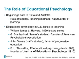 Copyright © 2020, 2016, 2013 Pearson Education, Inc. All Rights Reserved
The Role of Educational Psychology
• Beginnings date to Plato and Aristotle
– Role of teacher, teaching methods, nature/order of
learning
• Educational psychology in U.S. linked to teaching
– William James at Harvard, 1890 lecture series
– G. Stanley Hall (James’s student), founder of American
Psychological Association
– John Dewey (Hall’s student), father of progressive
education
– E. L. Thorndike, 1st educational psychology text (1903),
founder of Journal of Educational Psychology (1910)
 