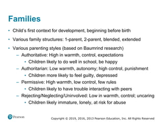 Copyright © 2019, 2016, 2013 Pearson Education, Inc. All Rights Reserved
Families
• Child’s first context for development, beginning before birth
• Various family structures: 1-parent, 2-parent, blended, extended
• Various parenting styles (based on Baumrind research)
– Authoritative: High in warmth, control, expectations
▪ Children likely to do well in school, be happy
– Authoritarian: Low warmth, autonomy; high control, punishment
▪ Children more likely to feel guilty, depressed
– Permissive: High warmth, low control, few rules
▪ Children likely to have trouble interacting with peers
– Rejecting/Neglecting/Uninvolved: Low in warmth, control; uncaring
▪ Children likely immature, lonely, at risk for abuse
 