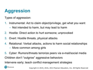 Copyright © 2019, 2016, 2013 Pearson Education, Inc. All Rights Reserved
Aggression
Types of aggression:
1. Instrumental: Act to claim object/privilege, get what you want
– Not intended to harm, but may lead to harm
2. Hostile: Direct action to hurt someone; unprovoked
3. Overt: Hostile threats, physical attacks
4. Relational: Verbal attacks, actions to harm social relationships
– More common among girls
5. Cyber: Rumors/threats terrorize peers via e-mail/social media
Children don’t “outgrow” aggressive behaviors
Intervene early; teach conflict management strategies
 