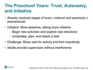 Copyright © 2019, 2016, 2013 Pearson Education, Inc. All Rights Reserved
The Preschool Years: Trust, Autonomy,
and Initiative
• Already resolved stages of trust versus mistrust and autonomy versus
shame/doubt
• Initiative: More assertive, taking more initiative
– Begin new activities and explore new directions
– Undertake, plan, and attack a task
• Challenge: Show zest for activity and limit impulsivity
• Adults provide supervision without interference
 