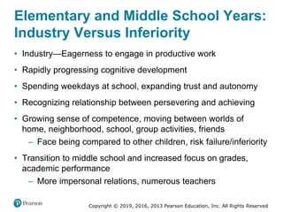 Copyright © 2019, 2016, 2013 Pearson Education, Inc. All Rights Reserved
Elementary and Middle School Years:
Industry Versus Inferiority
• Industry—Eagerness to engage in productive work
• Rapidly progressing cognitive development
• Spending weekdays at school, expanding trust and autonomy
• Recognizing relationship between persevering and achieving
• Growing sense of competence, moving between worlds of
home, neighborhood, school, group activities, friends
– Face being compared to other children, risk failure/inferiority
• Transition to middle school and increased focus on grades,
academic performance
– More impersonal relations, numerous teachers
 