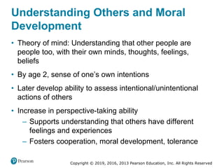 Copyright © 2019, 2016, 2013 Pearson Education, Inc. All Rights Reserved
Understanding Others and Moral
Development
• Theory of mind: Understanding that other people are
people too, with their own minds, thoughts, feelings,
beliefs
• By age 2, sense of one’s own intentions
• Later develop ability to assess intentional/unintentional
actions of others
• Increase in perspective-taking ability
– Supports understanding that others have different
feelings and experiences
– Fosters cooperation, moral development, tolerance
 