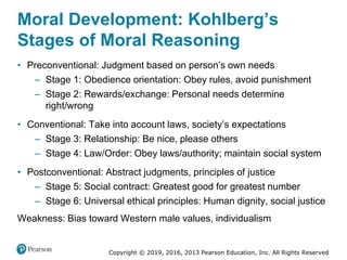 Copyright © 2019, 2016, 2013 Pearson Education, Inc. All Rights Reserved
Moral Development: Kohlberg’s
Stages of Moral Reasoning
• Preconventional: Judgment based on person’s own needs
– Stage 1: Obedience orientation: Obey rules, avoid punishment
– Stage 2: Rewards/exchange: Personal needs determine
right/wrong
• Conventional: Take into account laws, society’s expectations
– Stage 3: Relationship: Be nice, please others
– Stage 4: Law/Order: Obey laws/authority; maintain social system
• Postconventional: Abstract judgments, principles of justice
– Stage 5: Social contract: Greatest good for greatest number
– Stage 6: Universal ethical principles: Human dignity, social justice
Weakness: Bias toward Western male values, individualism
 