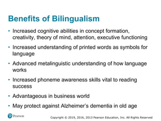 Copyright © 2019, 2016, 2013 Pearson Education, Inc. All Rights Reserved
Benefits of Bilingualism
• Increased cognitive abilities in concept formation,
creativity, theory of mind, attention, executive functioning
• Increased understanding of printed words as symbols for
language
• Advanced metalinguistic understanding of how language
works
• Increased phoneme awareness skills vital to reading
success
• Advantageous in business world
• May protect against Alzheimer’s dementia in old age
 