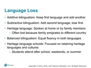 Copyright © 2019, 2016, 2013 Pearson Education, Inc. All Rights Reserved
Language Loss
• Additive bilingualism: Keep first language and add another
• Subtractive bilingualism: Add second language; lose first
• Heritage language: Spoken at home or by family members
– Often lost because family emigrates to different country
• Balanced bilingualism: Equal fluency in both languages
• Heritage language schools: Focused on retaining heritage
languages and cultures
– Students attend after school, weekends, or summer
 