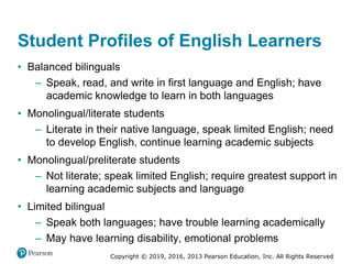 Copyright © 2019, 2016, 2013 Pearson Education, Inc. All Rights Reserved
Student Profiles of English Learners
• Balanced bilinguals
– Speak, read, and write in first language and English; have
academic knowledge to learn in both languages
• Monolingual/literate students
– Literate in their native language, speak limited English; need
to develop English, continue learning academic subjects
• Monolingual/preliterate students
– Not literate; speak limited English; require greatest support in
learning academic subjects and language
• Limited bilingual
– Speak both languages; have trouble learning academically
– May have learning disability, emotional problems
 