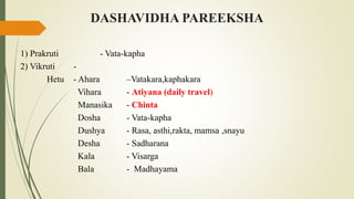 DASHAVIDHA PAREEKSHA
1) Prakruti - Vata-kapha
2) Vikruti -
Hetu - Ahara –Vatakara,kaphakara
Vihara - Atiyana (daily travel...
