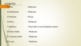 CONTD…….
3) Sara - Madyama
4) Samhanana - Madyama
5) Pramana - 68 kgs
6) Satva - Madyama
7) Saatmya - Nitya dahi sevana (k...