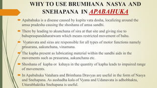 WHY TO USE BRUMHANA NASYA AND
SNEHAPANA IN APABAHUKA
 Apabahuka is a disease caused by kupita vata dosha, localizing arou...