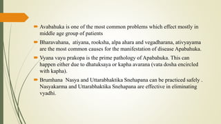  Avabahuka is one of the most common problems which effect mostly in
middle age group of patients
 Bharavahana, atiyana,...