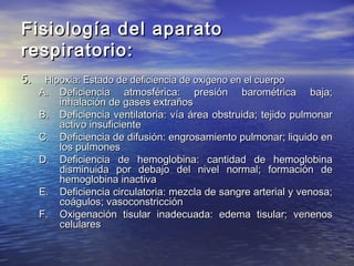 Fisiología del aparatoFisiología del aparato
respiratorio:respiratorio:
5.5. Hipoxia: Estado de deficiencia de oxigeno en el cuerpoHipoxia: Estado de deficiencia de oxigeno en el cuerpo
A.A. Deficiencia atmosférica: presión barométrica baja;Deficiencia atmosférica: presión barométrica baja;
inhalación de gases extrañosinhalación de gases extraños
B.B. Deficiencia ventilatoria: vía área obstruida; tejido pulmonarDeficiencia ventilatoria: vía área obstruida; tejido pulmonar
activo insuficienteactivo insuficiente
C.C. Deficiencia de difusión: engrosamiento pulmonar; liquido enDeficiencia de difusión: engrosamiento pulmonar; liquido en
los pulmoneslos pulmones
D.D. Deficiencia de hemoglobina: cantidad de hemoglobinaDeficiencia de hemoglobina: cantidad de hemoglobina
disminuida por debajo del nivel normal; formación dedisminuida por debajo del nivel normal; formación de
hemoglobina inactivahemoglobina inactiva
E.E. Deficiencia circulatoria: mezcla de sangre arterial y venosa;Deficiencia circulatoria: mezcla de sangre arterial y venosa;
coágulos; vasoconstriccióncoágulos; vasoconstricción
F.F. Oxigenación tisular inadecuada: edema tisular; venenosOxigenación tisular inadecuada: edema tisular; venenos
celularescelulares
 