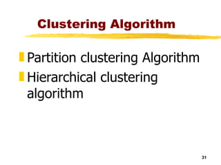 Clustering Algorithm Partition clustering Algorithm Hierarchical clustering algorithm 