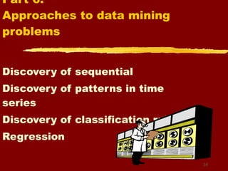 Part 6:  Approaches to data mining problems Discovery of sequential Discovery of patterns in time series Discovery of classification rules Regression 