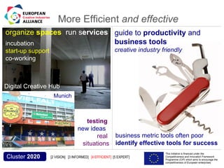 More Efficient and effective
 organize spaces run services guide to productivity and
 incubation                   business tools
 start-up support                                                            creative industry friendly
 co-working



Digital Creative Hub
                                        Munich



                                                          testing
                                                       new ideas
                                                              real            business metric tools often poor
                                                        situations            identify effective tools for success
Acronym, name and logo of the action                                                            This initiative is financed under the
  Cluster 2020                         [2 VISION] [3 INFORMED] [4 EFFICIENT] [5 EXPERT]         Competitiveness and Innovation Framework
                                                                                                Programme (CIP) which aims to encourage the
                                                                                                competitiveness of European enterprises.
 