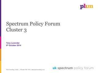Plum Consulting, London | +44 (0)20 7047 1919 | www.plumconsulting.co.uk
Spectrum Policy Forum
Cluster 3
Tony Lavender
9th October 2014
 