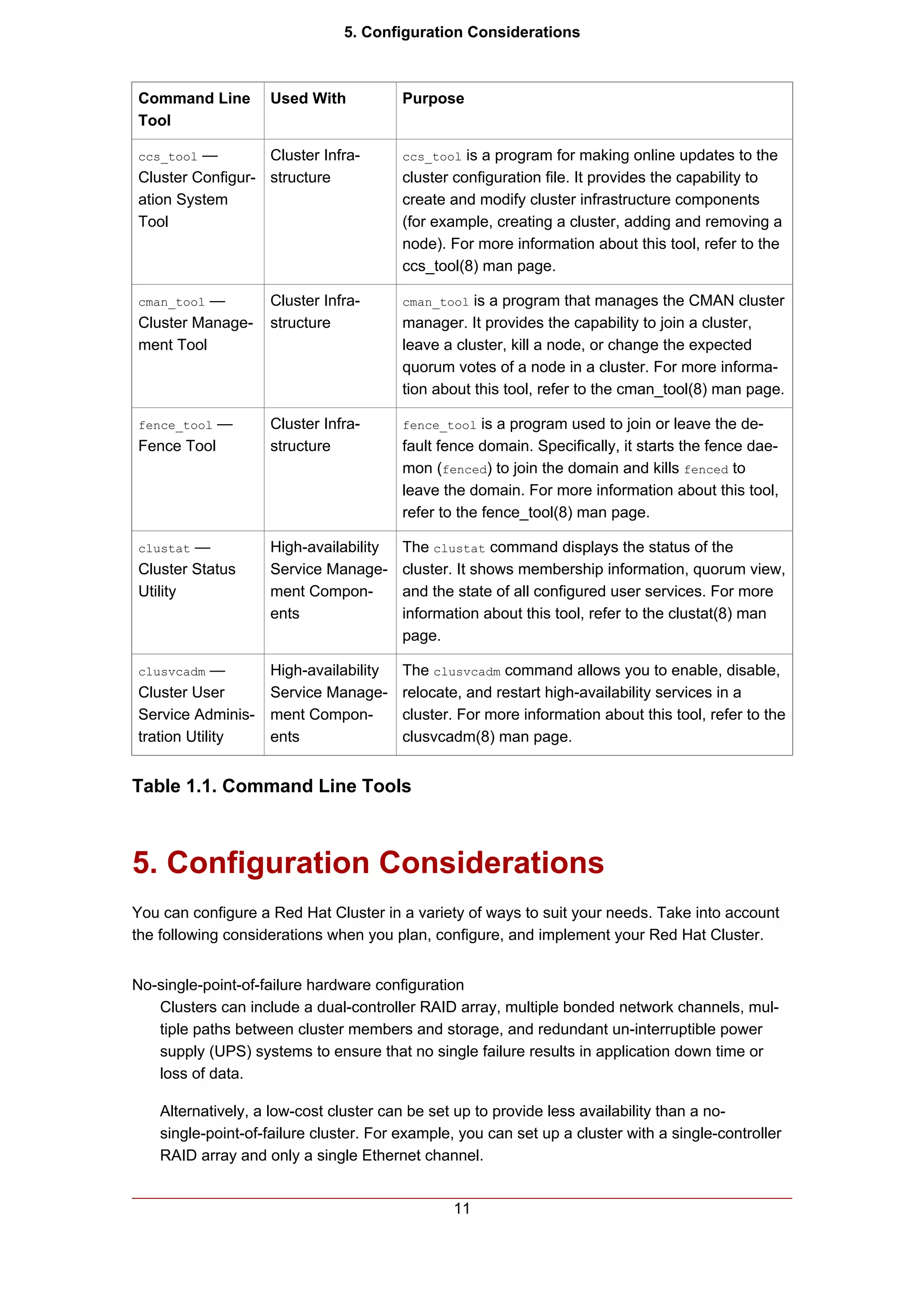 5. Configuration Considerations



Command Line        Used With            Purpose
Tool

ccs_tool —        Cluster Infra-         ccs_tool  is a program for making online updates to the
Cluster Configur- structure              cluster configuration file. It provides the capability to
ation System                             create and modify cluster infrastructure components
Tool                                     (for example, creating a cluster, adding and removing a
                                         node). For more information about this tool, refer to the
                                         ccs_tool(8) man page.

cman_tool —         Cluster Infra-       cman_tool  is a program that manages the CMAN cluster
Cluster Manage-     structure            manager. It provides the capability to join a cluster,
ment Tool                                leave a cluster, kill a node, or change the expected
                                         quorum votes of a node in a cluster. For more informa-
                                         tion about this tool, refer to the cman_tool(8) man page.

fence_tool   —      Cluster Infra-       fence_tool   is a program used to join or leave the de-
Fence Tool          structure            fault fence domain. Specifically, it starts the fence dae-
                                         mon (fenced) to join the domain and kills fenced to
                                         leave the domain. For more information about this tool,
                                         refer to the fence_tool(8) man page.

clustat —           High-availability    The clustat command displays the status of the
Cluster Status      Service Manage-      cluster. It shows membership information, quorum view,
Utility             ment Compon-         and the state of all configured user services. For more
                    ents                 information about this tool, refer to the clustat(8) man
                                         page.

clusvcadm   —       High-availability    The clusvcadm command allows you to enable, disable,
Cluster User        Service Manage-      relocate, and restart high-availability services in a
Service Adminis-    ment Compon-         cluster. For more information about this tool, refer to the
tration Utility     ents                 clusvcadm(8) man page.


Table 1.1. Command Line Tools



5. Configuration Considerations
You can configure a Red Hat Cluster in a variety of ways to suit your needs. Take into account
the following considerations when you plan, configure, and implement your Red Hat Cluster.


No-single-point-of-failure hardware configuration
   Clusters can include a dual-controller RAID array, multiple bonded network channels, mul-
   tiple paths between cluster members and storage, and redundant un-interruptible power
   supply (UPS) systems to ensure that no single failure results in application down time or
   loss of data.

    Alternatively, a low-cost cluster can be set up to provide less availability than a no-
    single-point-of-failure cluster. For example, you can set up a cluster with a single-controller
    RAID array and only a single Ethernet channel.


                                                11
 
