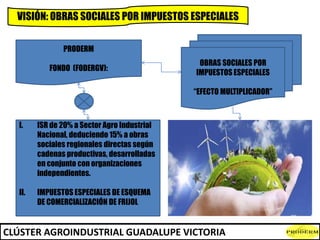 VISIÓN: OBRAS SOCIALES POR IMPUESTOS ESPECIALES
CLÚSTER AGROINDUSTRIAL GUADALUPE VICTORIA
I. ISR de 20% a Sector Agro Indu...