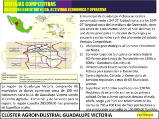 VENTAJAS COMPETITIVAS
UBICACION GEOESTRATEGICA, ACTIVIDAD ECONOMICA Y OPERATIVA
El municipio de Guadalupe Victoria se loca...