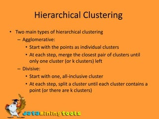 Hierarchical Clustering Two main types of hierarchical clustering Agglomerative: Start with the points as individual clusters At each step, merge the closest pair of clusters until only one cluster (or k clusters) left Divisive: Start with one, all-inclusive cluster At each step, split a cluster until each cluster contains a point (or there are k clusters) 