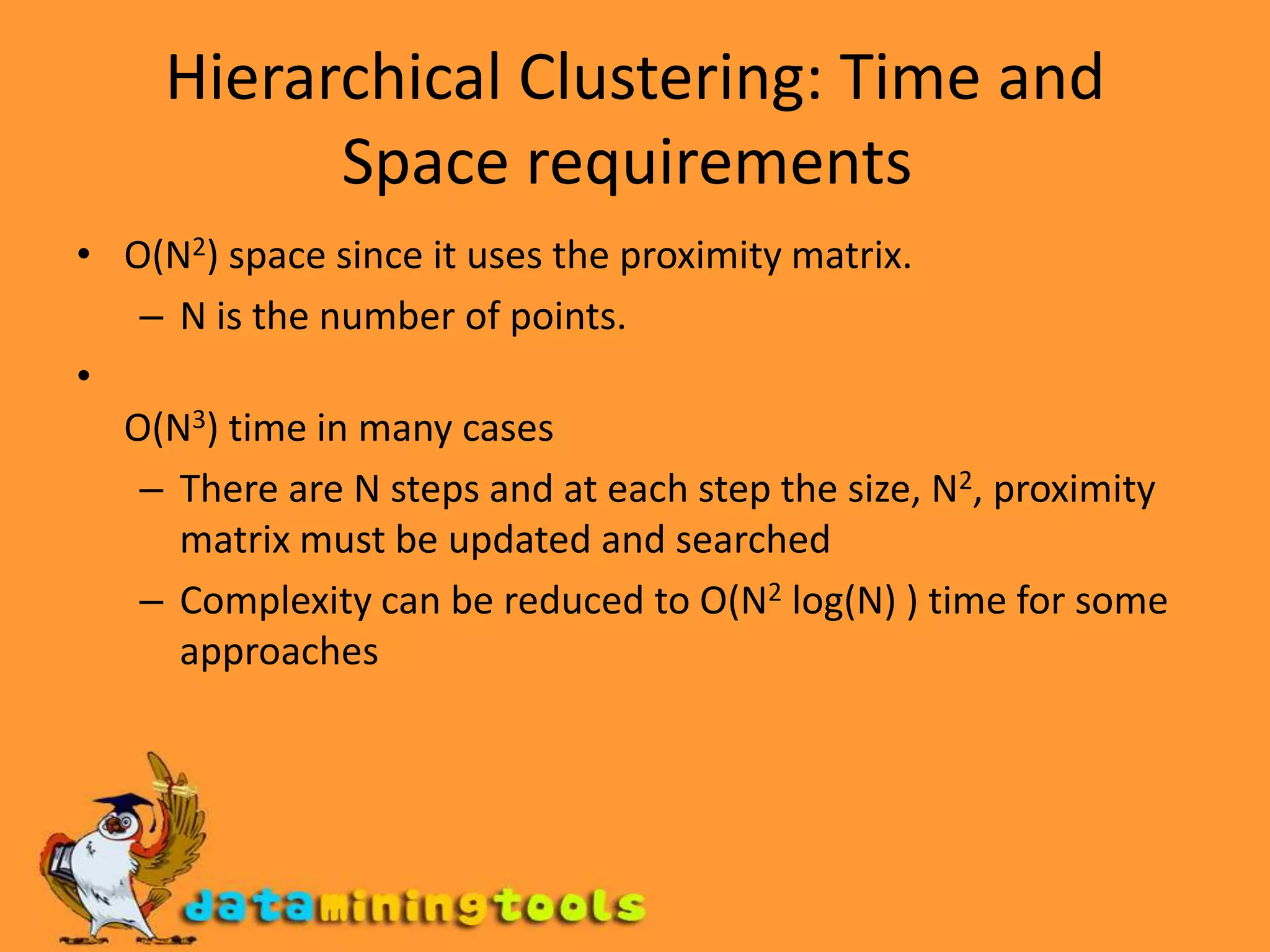 Hierarchical Clustering: Time and Space requirements O(N2) space since it uses the proximity matrix. N is the number of points.  O(N3) time in many cases There are N steps and at each step the size, N2, proximity matrix must be updated and searched Complexity can be reduced to O(N2 log(N) ) time for some approaches 