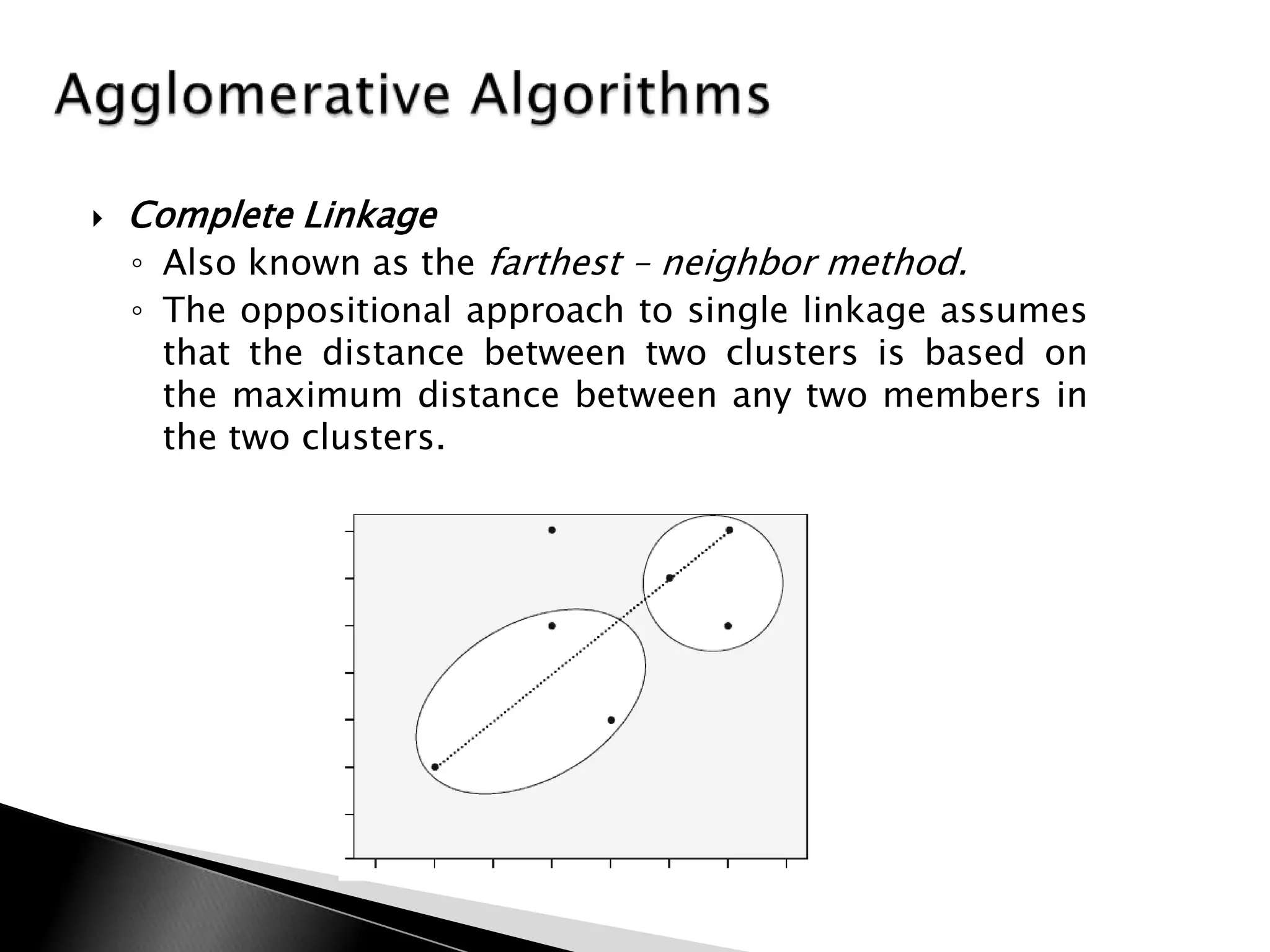    Complete Linkage
    ◦ Also known as the farthest – neighbor method.
    ◦ The oppositional approach to single linkage assumes
      that the distance between two clusters is based on
      the maximum distance between any two members in
      the two clusters.
 