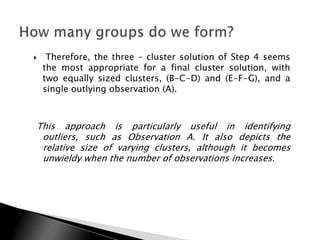     Therefore, the three – cluster solution of Step 4 seems
    the most appropriate for a final cluster solution, with
    two equally sized clusters, (B-C-D) and (E-F-G), and a
    single outlying observation (A).



This approach is particularly useful in identifying
 outliers, such as Observation A. It also depicts the
 relative size of varying clusters, although it becomes
 unwieldy when the number of observations increases.
 