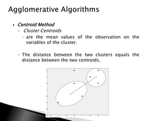    Centroid Method
    ◦ Cluster Centroids
      - are the mean values of the observation on the
        variables of the cluster.

    ◦ The distance between the two clusters equals the
      distance between the two centroids.
 
