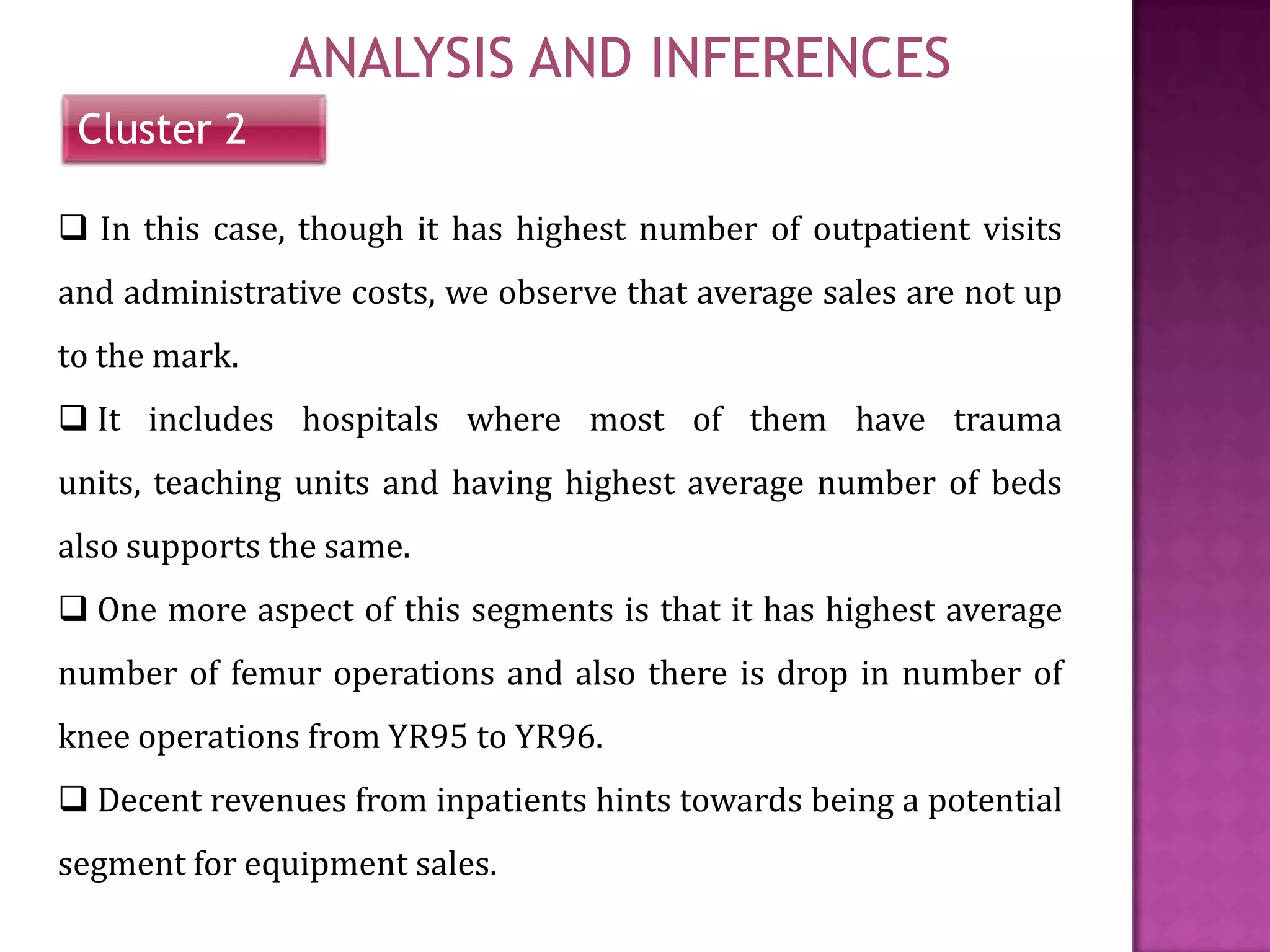 ANALYSIS AND INFERENCES
Cluster 2
 In this case, though it has highest number of outpatient visits
and administrative costs, we observe that average sales are not up
to the mark.
 It includes hospitals where most of them have trauma
units, teaching units and having highest average number of beds
also supports the same.
 One more aspect of this segments is that it has highest average
number of femur operations and also there is drop in number of
knee operations from YR95 to YR96.

 Decent revenues from inpatients hints towards being a potential
segment for equipment sales.

 