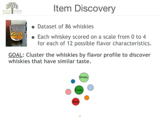 6
Item Discovery
• Dataset of 86 whiskies
• Each whiskey scored on a scale from 0 to 4
for each of 12 possible flavor characteristics.
GOAL: Cluster the whiskies by flavor profile to discover
whiskies that have similar taste.
Smoky
Fruity
Body
 