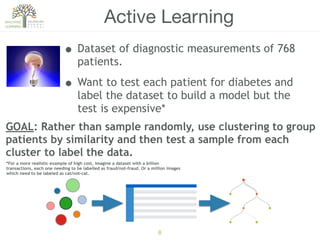 8
Active Learning
GOAL: Rather than sample randomly, use clustering to group
patients by similarity and then test a sample from each
cluster to label the data.
• Dataset of diagnostic measurements of 768
patients.
• Want to test each patient for diabetes and
label the dataset to build a model but the
test is expensive*
*For a more realistic example of high cost, imagine a dataset with a billion
transactions, each one needing to be labelled as fraud/not-fraud. Or a million images
which need to be labeled as cat/not-cat.
2323
 