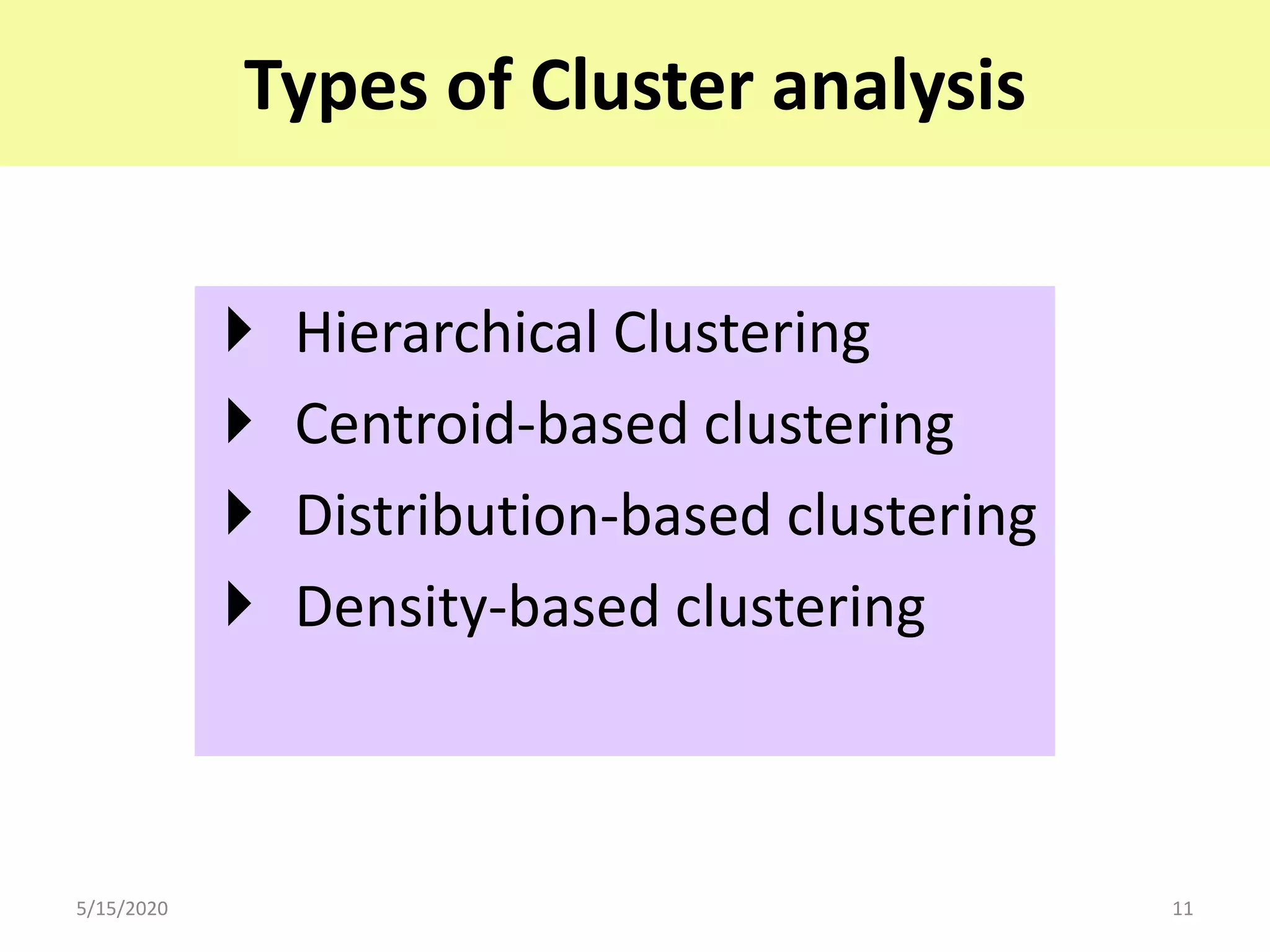 Types of Cluster analysis
 Hierarchical Clustering
 Centroid-based clustering
 Distribution-based clustering
 Density-based clustering
5/15/2020 11
 