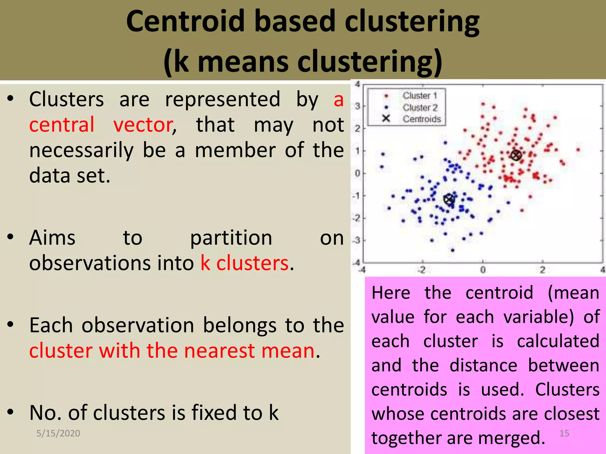 Centroid based clustering
(k means clustering)
• Clusters are represented by a
central vector, that may not
necessarily be a member of the
data set.
• Aims to partition on
observations into k clusters.
• Each observation belongs to the
cluster with the nearest mean.
• No. of clusters is fixed to k
Here the centroid (mean
value for each variable) of
each cluster is calculated
and the distance between
centroids is used. Clusters
whose centroids are closest
together are merged.5/15/2020 15
 
