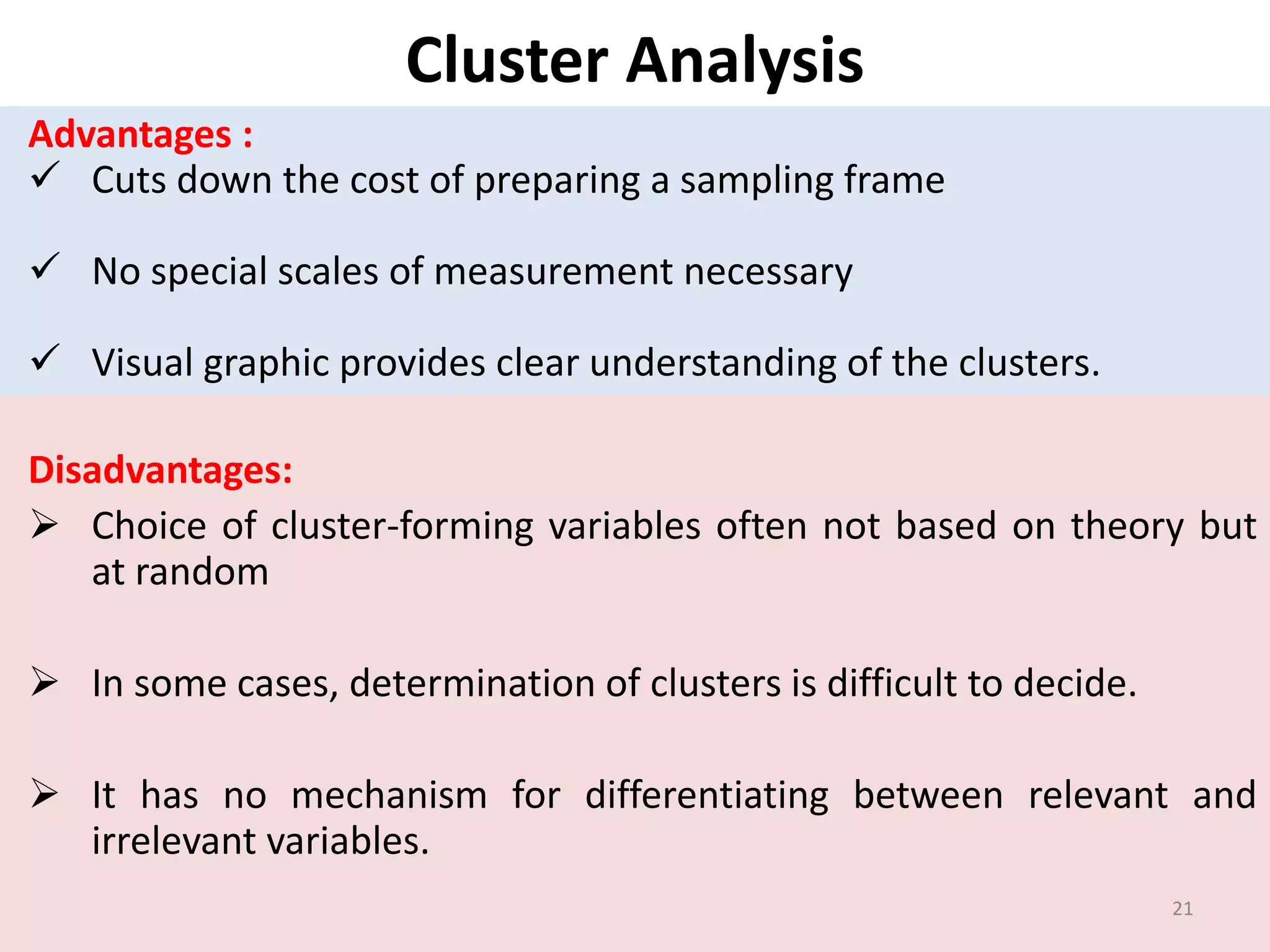 Disadvantages:
 Choice of cluster-forming variables often not based on theory but
at random
 In some cases, determination of clusters is difficult to decide.
 It has no mechanism for differentiating between relevant and
irrelevant variables.
Cluster Analysis
Advantages :
 Cuts down the cost of preparing a sampling frame
 No special scales of measurement necessary
 Visual graphic provides clear understanding of the clusters.
21
 