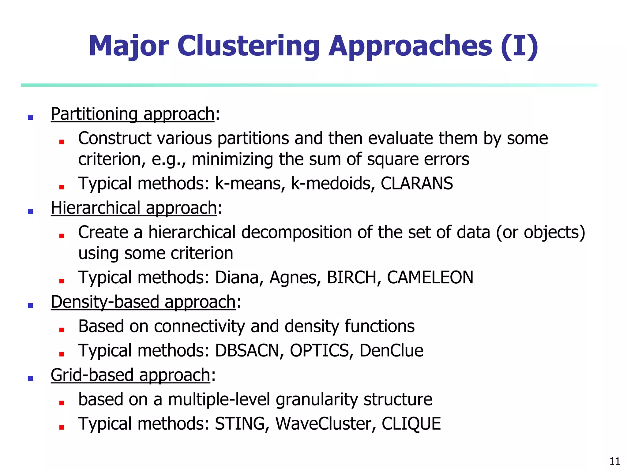 Major Clustering Approaches (I)
■ Partitioning approach:
■ Construct various partitions and then evaluate them by some
criterion, e.g., minimizing the sum of square errors
■ Typical methods: k-means, k-medoids, CLARANS
■ Hierarchical approach:
■ Create a hierarchical decomposition of the set of data (or objects)
using some criterion
■ Typical methods: Diana, Agnes, BIRCH, CAMELEON
■ Density-based approach:
■ Based on connectivity and density functions
■ Typical methods: DBSACN, OPTICS, DenClue
■ Grid-based approach:
■ based on a multiple-level granularity structure
■ Typical methods: STING, WaveCluster, CLIQUE
11
 