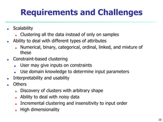 Requirements and Challenges
■ Scalability
■ Clustering all the data instead of only on samples
■ Ability to deal with different types of attributes
■ Numerical, binary, categorical, ordinal, linked, and mixture of
these
■ Constraint-based clustering
■ User may give inputs on constraints
■ Use domain knowledge to determine input parameters
■ Interpretability and usability
■ Others
■ Discovery of clusters with arbitrary shape
■ Ability to deal with noisy data
■ Incremental clustering and insensitivity to input order
■ High dimensionality
10
 