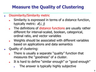 Measure the Quality of Clustering
■ Dissimilarity/Similarity metric
■ Similarity is expressed in terms of a distance funct...