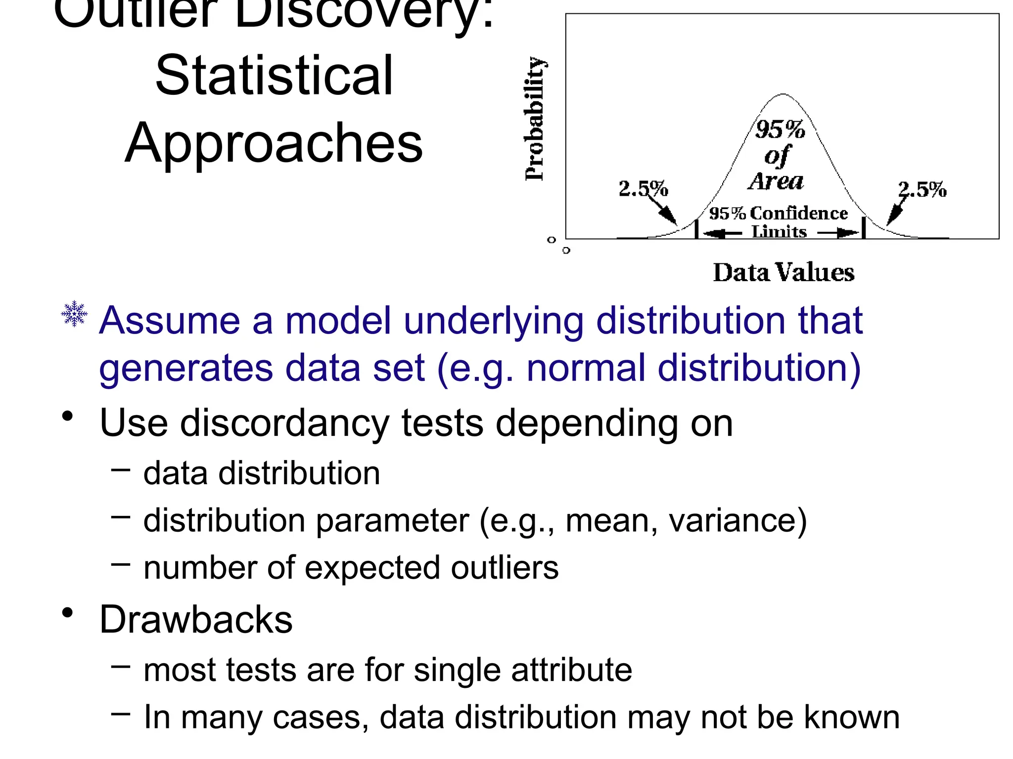Outlier Discovery:
Statistical
Approaches
 Assume a model underlying distribution that
generates data set (e.g. normal distribution)
• Use discordancy tests depending on
– data distribution
– distribution parameter (e.g., mean, variance)
– number of expected outliers
• Drawbacks
– most tests are for single attribute
– In many cases, data distribution may not be known
 