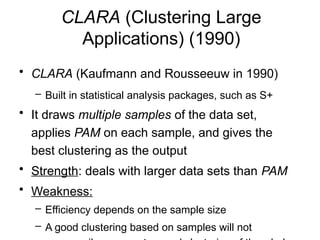 CLARA (Clustering Large
Applications) (1990)
• CLARA (Kaufmann and Rousseeuw in 1990)
– Built in statistical analysis packages, such as S+
• It draws multiple samples of the data set,
applies PAM on each sample, and gives the
best clustering as the output
• Strength: deals with larger data sets than PAM
• Weakness:
– Efficiency depends on the sample size
– A good clustering based on samples will not
 