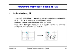 Partitioning methods: K-medoid or PAM

      Definition of medoid

        • The method K-medoid or PAM ( Partitioning Around Medoids ) uses medoid
        mq (q = 1,2,…,k) as object more representative of cluster.
        medoid is the most centrally located object in a cluster.
        Infact instead of taking the mean value of the object in a cluster as a reference
        point (see K-means), can be used medoid .

                    10                                                10
                    9                                                 9
                    8                                                 8
                    7                                                 7
                    6                                                 6
                    5                                                 5
                    4                                                 4
                    3                                                 3
                    2                                                 2
                    1                                                 1
                    0                                                 0
                         0   1   2   3   4   5   6   7   8   9   10        0   1   2   3   4   5   6   7   8   9   10




01/10/2008                               Raffaele Capaldo - Francesco Collovà                                           20
 