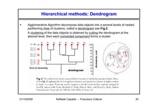 Hierarchical methods: Dendrogram

      Agglomerative Algorithm decompose data objects into a several levels of nested
      partitioning (tree of clusters), called a dendrogram see Fig.2.
      A clustering of the data objects is obtained by cutting the dendrogram at the
      desired level, then each connected component forms a cluster.




01/10/2008                Raffaele Capaldo - Francesco Collovà                         30
 