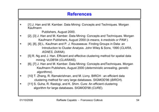 References

      [1] J. Han and M. Kamber. Data Mining: Concepts and Techniques. Morgan
      Kaufmann
                    Publishers, August 2000.
      [2], [3] J. Han and M. Kamber. Data Mining: Concepts and Techniques. Morgan
                 Kaufmann Publishers, August 2000 (k-means, k-medoids or PAM ).
      [4], [8], [9] L. Kaufman and P. J. Rousseeuw. Finding Groups in Data: an
                    Introduction to Cluster Analysis. John Wiley & Sons, 1990 (CLARA,
                    AGNES, DIANA).
      [5] R. Ng and J. Han. Efficient and effective clustering method for spatial data
              mining. VLDB'94 (CLARANS).
      [6], [7] J. Han and M. Kamber. Data Mining: Concepts andTechniques. Morgan
               Kaufmann Publishers, August 2000 (deterministic annealing, genetic
               algorithms).
      [10] T. Zhang, R. Ramakrishnan, and M. Livny. BIRCH : an efficient data
            clustering method for very large databases. SIGMOD'96 (BIRCH).
      [11] S. Guha, R. Rastogi, and K. Shim. Cure: An efficient clustering
            algorithm for large databases. SIGMOD'98 (CURE).



01/10/2008                 Raffaele Capaldo - Francesco Collovà                          54
 