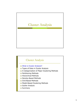 Cluster Analysis




    Cluster Analysis
What is Cluster Analysis?
Types of Data in Cluster Analysis
A Categorization of Major Clustering Methods
Partitioning Methods
Hierarchical Methods
Density-Based Methods
Grid-Based Methods
Model-Based Clustering Methods
Outlier Analysis
Summary




                                               1
 