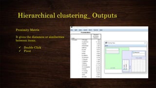 Hierarchical clustering_ Outputs
Proximity Matrix
It gives the distances or similarities
between items.
✓ Double Click
✓ Pivot
 
